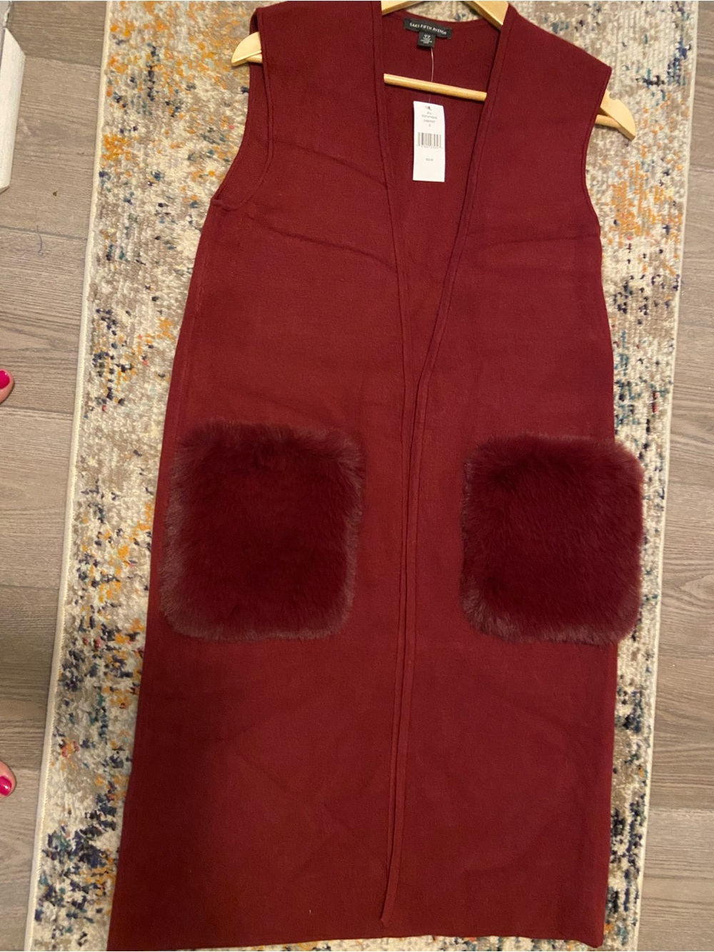 Saks Fifth Avenue Burgundy Sleeveless Long Vest with Faux-Fur Pockets